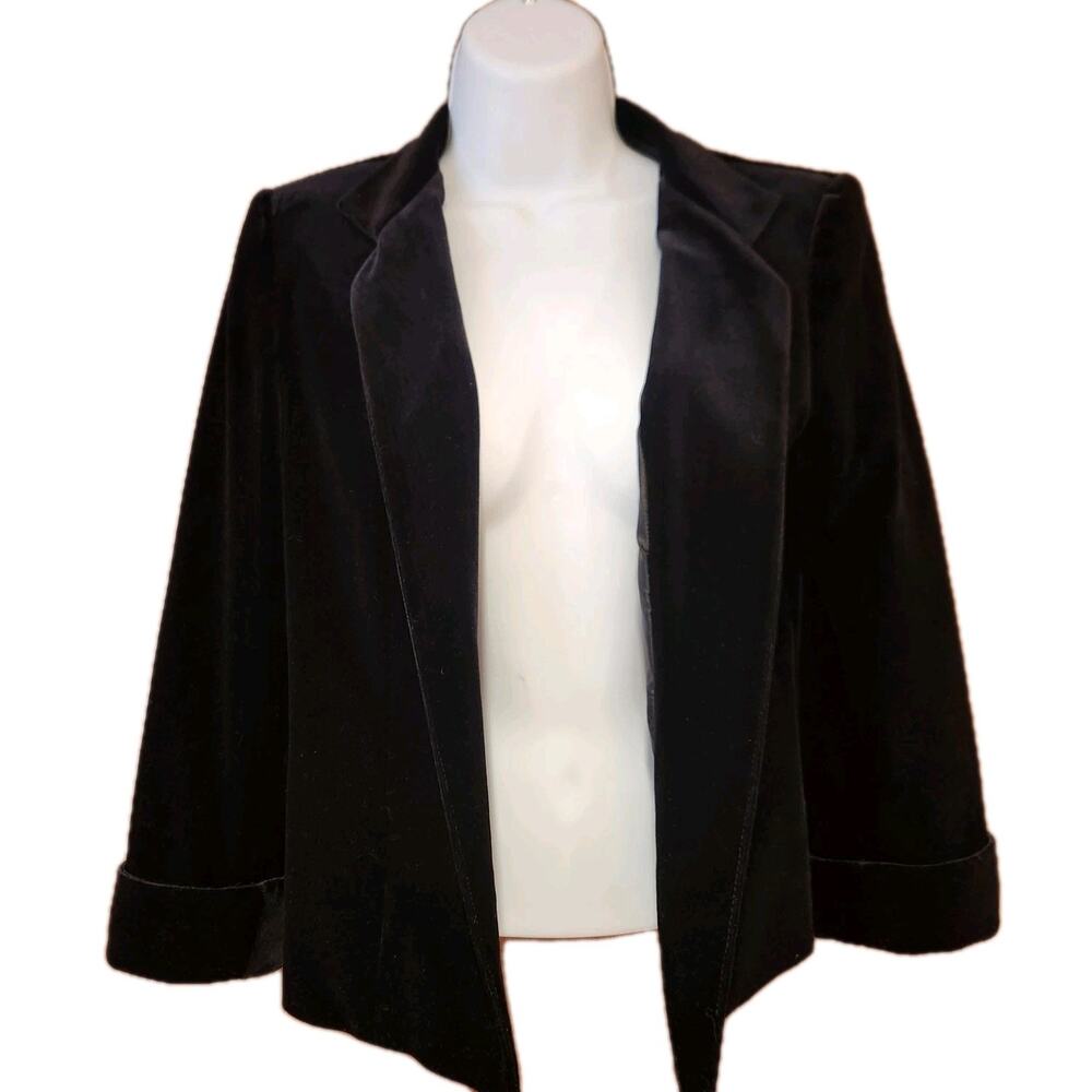 Tahari Arthur S Levine Black Velvet Open Front blazer With Popped Collar Sz 4